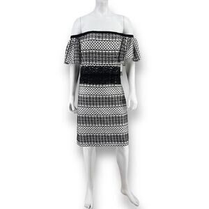 H Halston Eyelet Lace Off Shoulder Dress Womens Size 10 Black White